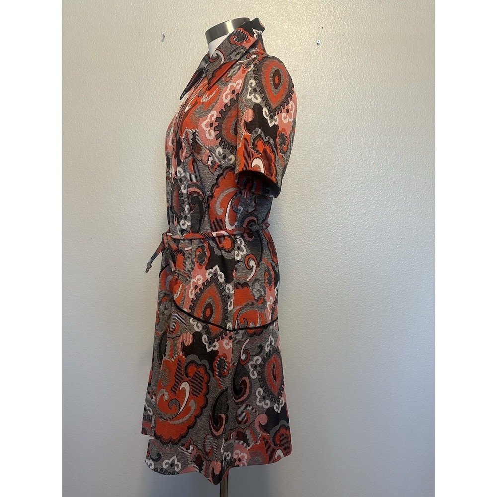 Vintage 1970s Joan Curtis Dress Zip Front Paisley MOD Print Dagger Collar Belt M - Picture 6 of 10